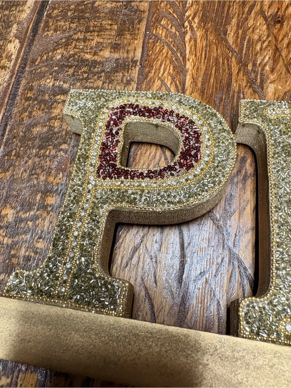 Pier 1 Gold, Green & Red Embellished Beaded Peace, Tree Wood Decor 21”X6”